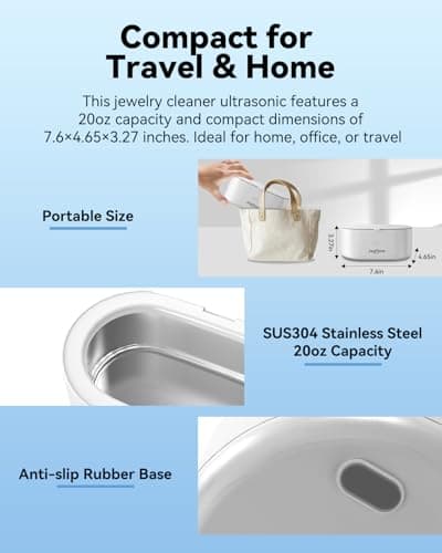 JeaTone Ultrasonic Jewelry Cleaner, 46KHz Professional Ultrasonic Cleaning Machine for Rings, Eyeglasses, Retainers, Dentures & Watches, 20oz Stainless Steel Sonic Cleaner Pod (White) view 5