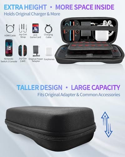 Large Capacity Carrying Case for Nintendo Switch 2 (2025), Tall Design Fits Original Adapter, Protective Portable Hard Shell Pouch Travel Bag w/Storage Pocket for Up to 24 Game Cards, Accessories view 2