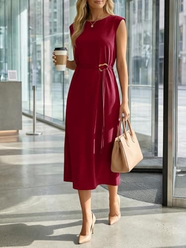 Wenrine Womens Sleeveless Midi Dress Summer Work Office Back Slit Elegant Flowy Tank Casual Vacation Dresses view 2