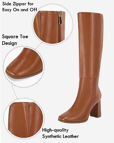 Coutgo Womens Wide Calf Knee High Boots Chunky High Heel Square Toe Fashion Leather Shoes with Side Zipper view 5