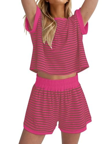 Burtell Women Summer 2 Piece Lounge Sets Striped Short Sleeve Tee Shirts Mini Shorts Loungewear Shorts Set Ribbed Pajama Set — image 1