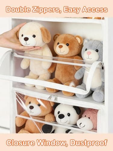 Over Door Stuffed Animal Storage, Zipper Closure Hanging Toy Organizer, Nylon Behind Door Organization, Clear Window Bathroom/Bedroom/Closet Holder Bag for Nursery Dorm Room Plush, 1Pack, 5 Tier，Beige view 5