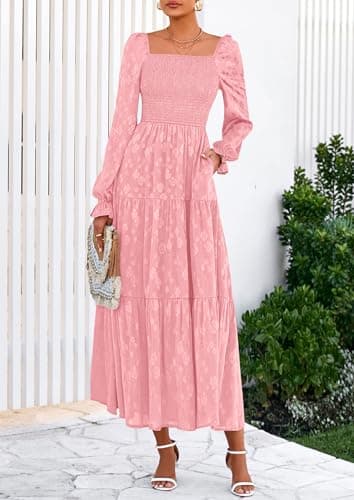 PRETTYGARDEN Wedding Guest Dresses for Women Floral Long Sleeve Smocked Tiered Elegant Long Flowy Boho Dress view 2