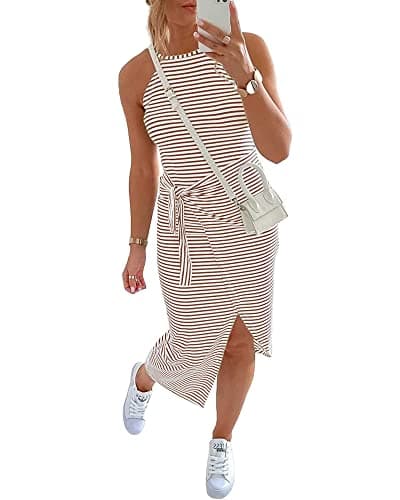 NOLLSOM Women Casual Sleeveless Striped Tank Midi Dresses Halter Neck Ruched Bodycon Dresses Tie Waist T Shirt Summer Dress — image 1