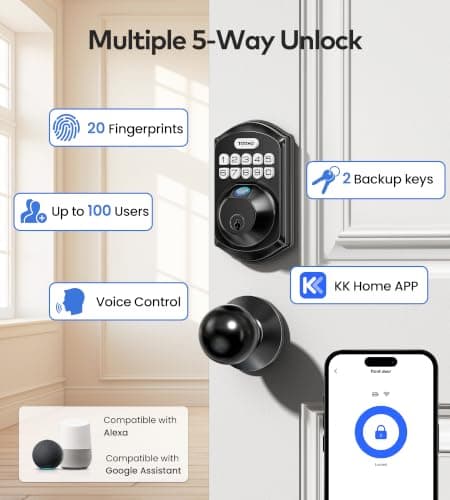 TEEHO TE012W-K WiFi Smart Keyless Entry Door Lock with Knob, Matte Black | App Remote Unlock, Fast Fingerprint, ANSI Grade 3 Security, IP55 Waterproof, Low Battery Alert, 2 Backup Keys, Easy Install view 3