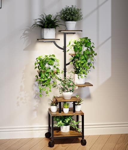 Plant Stand Indoor with Grow Lights - 7-Tier Plant Stand with Wheels, Tall Metal and Wood Indoor Plant Shelf with Tree Design, Rolling Flower Pot Holder Rack with Waterproof Finish, Adjustable Display Stand for Home Garden, Patio, 41" Tall