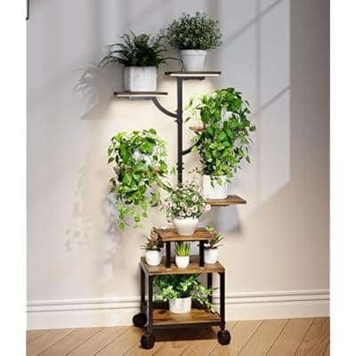 Plant Stand Indoor with Grow Lights - 7-Tier Plant Stand with Wheels, Tall Metal and Wood Indoor Plant Shelf with Tree Design, Rolling Flower Pot Holder Rack with Waterproof Finish, Adjustable Display Stand for Home Garden, Patio, 41" Tall