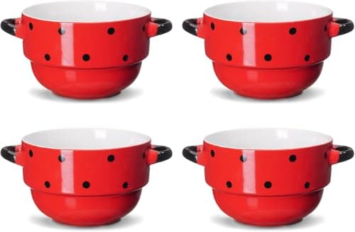 ECODECO 16 oz Ceramic Soup Bowls with Double Handles - Stackable Oven Safe - Red Polka Dot - Set of 4 — image 1