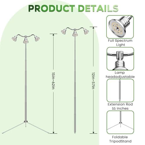 Full Spectrum Grow Lights for Indoor Plants 15-62 Inches Height Adjustable Aluminum Alloy Plant Growing Lamps with Detachable Tripod Stand, Auto On/Off Timer (Full Spectrum, Three Heads) view 4