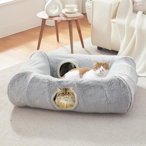 Cat Tunnel Bed for Indoor Cats, Large Cat Tube & Dog Tunnel Bed with Washable Cushion, Square Luxury Velvet Peekaboo Cat Cave & Cat Donut for Kitten/Puppies/Rabbits, Grey XL 39"x30"x11" view 6