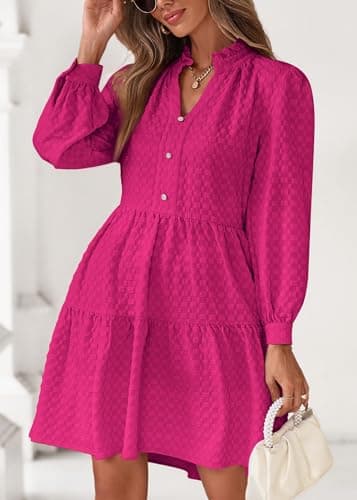 Lazysmile Dresses for Women Long Sleeve V Neck Button Down Ruffled Flowy Fall Casual Babydoll Tunic Dress view 6