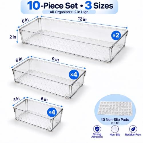 10 Pack Large Clear Drawer Organizer Trays, 3 Sizes, Non-Slip view 2