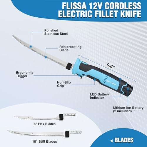 FLISSA 12V Cordless Electric Fillet Knife for Fish, 8" & 10" Sharp Blades | Stainless Steel, Rechargeable Electric Knife with Non-Slip Handle, 2 PK Long Lasting Lithium-ion Battery, Portable Carry Case view 2