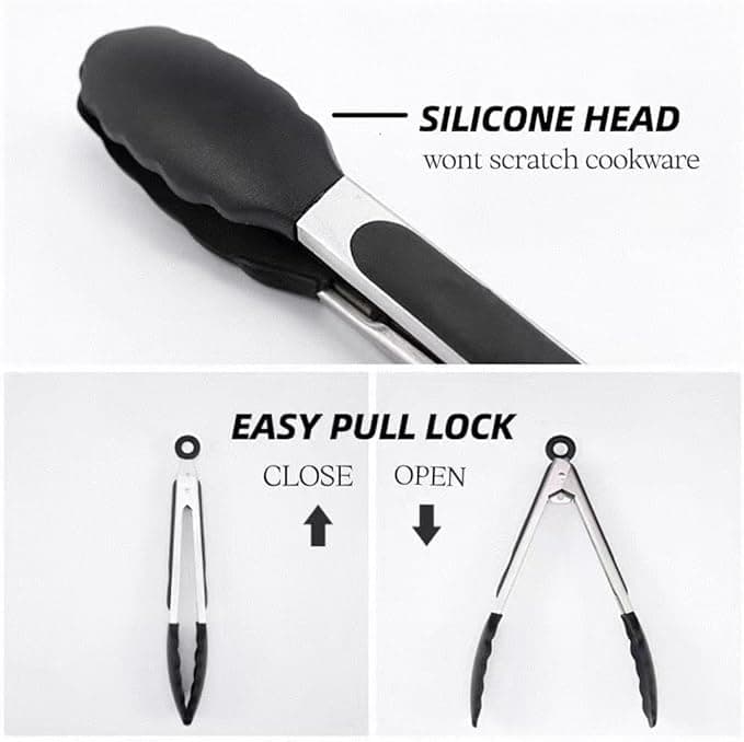 Kitchen Tongs Stainless Steel Locking with Silicon Tips Heat Resistant for Cooking, Set of 2-7" and 9" Black view 7