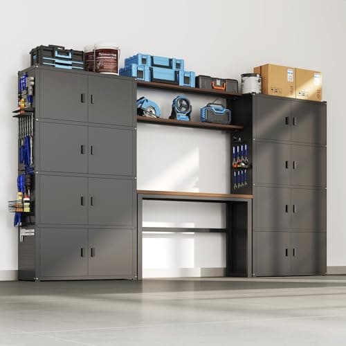 FLEXIMOUNTS Garage Storage Cabinet System, 3-in-1 Modular Metal Tool Cabinet w/Workbench and Metal Board Shelf Includes Pegboard, 24-Gauge Steel, 117"(L) w/ 8 Doors, Black, FLEXIMOD Series view 1