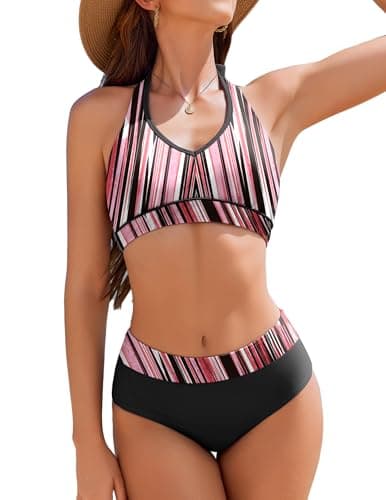 AI'MAGE Bikini Sets for Women High Waisted Two Piece Bathing Suit Tummy Control Swimsuits Halter Color Block Swimwear 2025