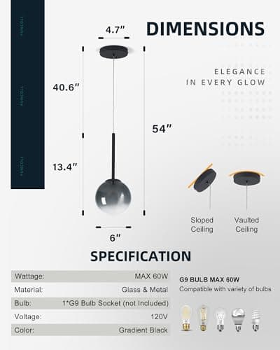 puncoll Modern Pendant Light - Pendant Light for Kitchen Island with Smocky Black Glass Globe - Hanging Ceiling Light Fixture, H3960-1-SMBK view 6