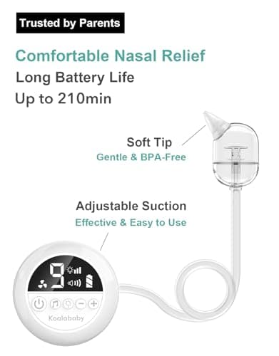 Koalababy Electric Nasal Aspirator for Baby – Hospital-Grade Nose Suction, 9 Suction Levels, Baby Nose Sucker, Nasal Cleaner, Night Light & Music, Soft Silicone Tips, Travel Bag view 6