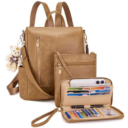 Soperwillton Women Fashion Backpack Purse Anti-Theft Leather Shoulder Bag Travel Multi Pockets Handbag Wallet Set 3pcs — image 1