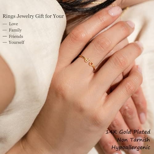ZNBOH Gold Birthstone Initial Rings for Women Non Tarnish Dainty 14K Gold Plated Adjustable Letter Ring for Women Stackable Cute Thumb Pinky Fashion Unique Open Simple Birthday Gifts Jewelry view 3