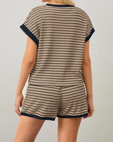 Burtell Women Summer 2 Piece Lounge Sets Striped Short Sleeve Tee Shirts Mini Shorts Loungewear Shorts Set Ribbed Pajama Set view 3