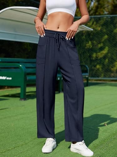 grewley Womens Linen Barrel Pants Baggy Wide Leg Pants Summer Palazzo Drawstring Waist Pants with Pockets Casual view 2