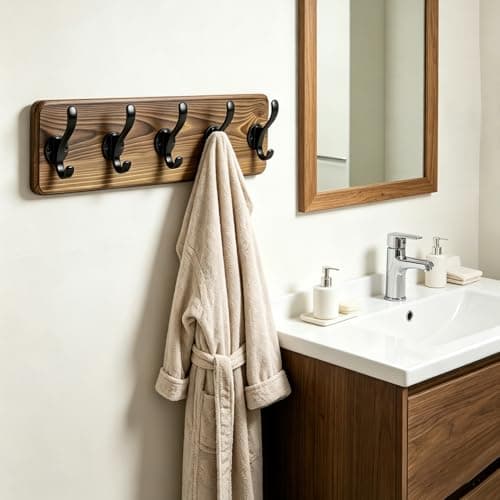 Dellicasi 17" Coat Rack Wall Mount, Rustic Wall Mounted Coat Rack, Pine Solid Wood Coat Hook Hanger with 5 Metal Hooks- Wall Coat for Hanging Clothes Key Robes Towels Coats view 4