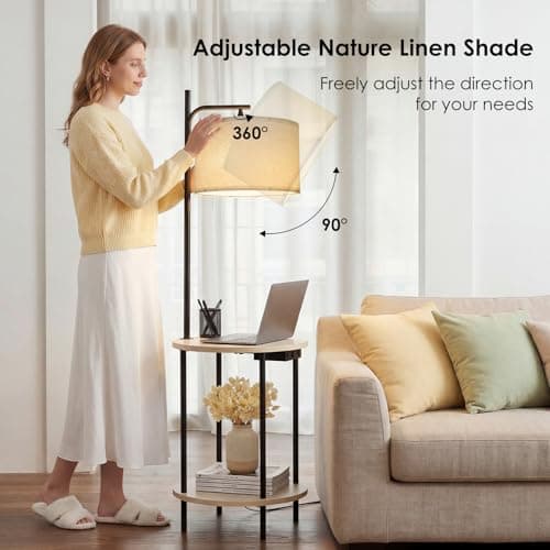 ONEWISH Floor Lamp with Table, End Table with Lamp, Charging Station (USB/Type-C/AC), Round Coffee Table for Living Room & Bedroom (White) view 2