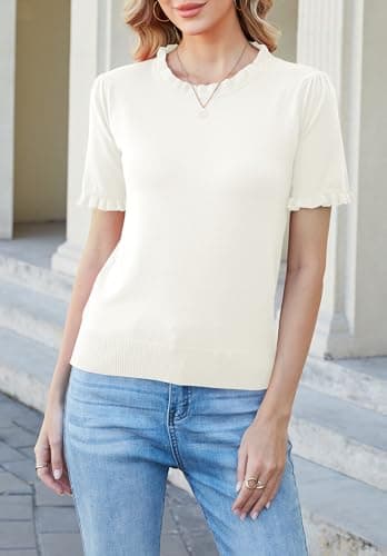 Women Puff Short Sleeve Sweater Tops Ruffle Crewneck Knit Pullover Work Blouses Dressy Casual Top Shirt Spring Summer view 3