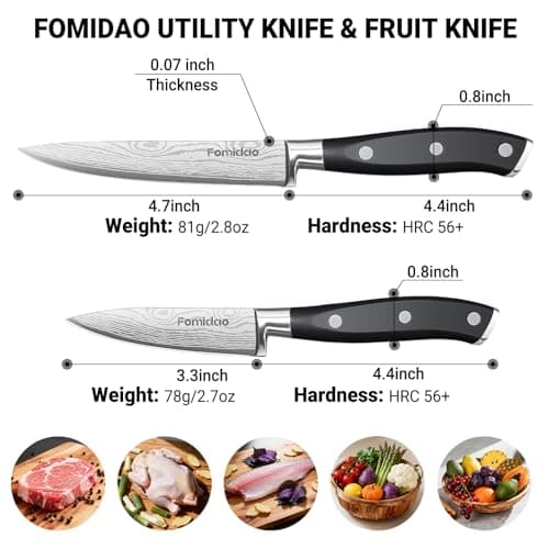 Razor Sharp 2PCS Small Kitchen Knife Set, 5 inch Utility Knife and 3.5 inch Paring Knife, High Carbon Steel Damascus Pattern Japanese Chef Knife with Full Tang Handle Design for Home Kitchen view 5