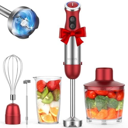 KOIOS 5-in-1 Hand Immersion Blender, 1000W 12 Speed Handheld Blender Stick with Copper Motor Stainless Steel Blade, 600ml Mixing Beaker,500ml Food Processor, Whisk, Milk Frother, Non-BPA, Red — image 1