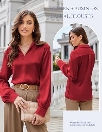 GRACE KARIN 2026 Satin Silk Blouses for Women Dressy Casual Red XL view 3