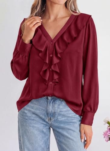 dowerme Womens Long Sleeve Tops Satin Ruffle Button Shirts view 3
