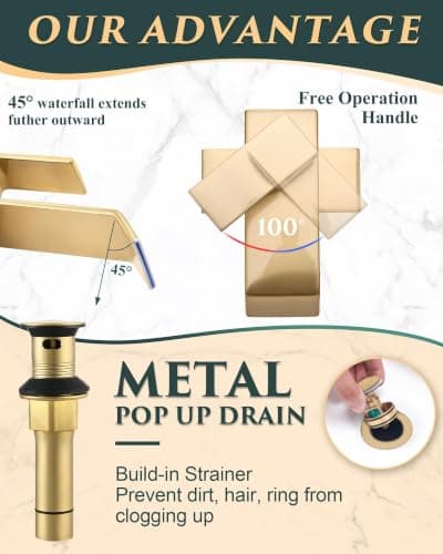 KUZOR Gold Waterfall Bathroom Sink Faucet, Brushed Gold Finish, Single Handle, 1 or 3 Hole Installation, Metal Pop Up Drain, 23.6-inch Hoses, 3/8 Inch Compression Threads view 4