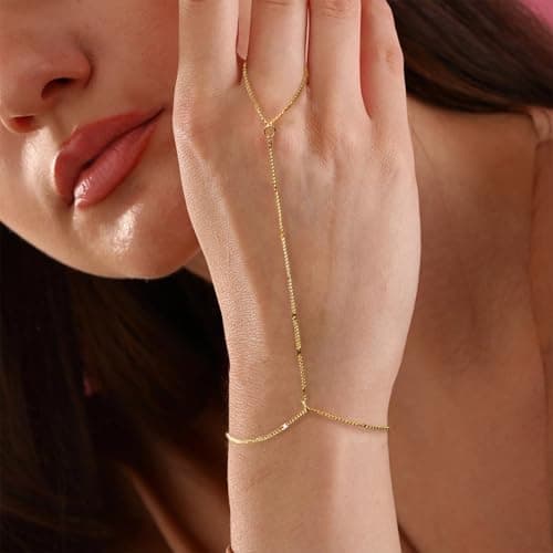 BAYLAY Hand Chain Bracelet, 14K Gold Plated Ring Bracelet Hand Chain Dainty Gold Bracelet for Women Trendy Finger Ring Slave Bracelets Hand Jewelry for Women Summer Beach Boho Gifts Trendy Stuff view 3
