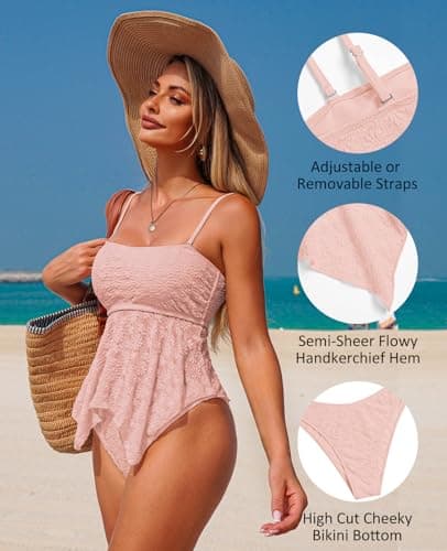 ZAFUL Tankini Swimsuits for Women Flowy Swimwear Mesh Lace Jacquard Two Piece Bathing Suit High Cut Tanga Tankini Set view 4