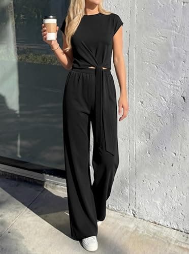 PRETTYGARDEN 2 Piece Lounge Sets For Women 2026 Summer Casual Outfits Cap Sleeve Belted Crop Tops Wide Palazzo Leg Pants view 6