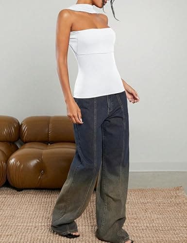 ACCPUR Ruched Strapless Halter Tube Top for Women Sexy Open Back Slim Fit Bandeau Shirt Sleeveless Off Shoulder Tank Clubwear view 6