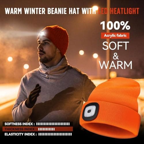 SYMNTEM Unisex Beanie Hat with Light, Rechargeable Headlight Cap, Valentines Day Gifts for Him, Cool Gadget Gifts for Him, Birthday Gifts for Women, Gifts for Men, Orange view 5