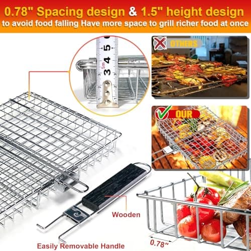 Grill Basket for Outdoor Grill, Stainless Steel Grilling Basket with Foldable Handle, Portable BBQ Cooking Rack for Fish, Vegetables, Shrimp, Chicken - Includes BBQ Skewers 6pcs,Basting Brush,Scrub Sponge-Upgrade view 3