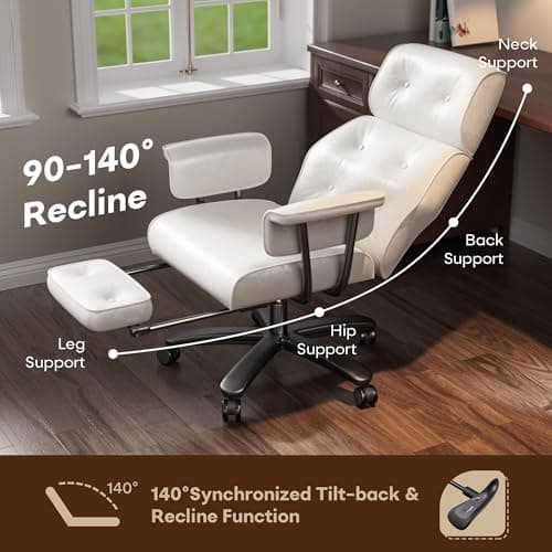 SeekFancy Criss Cross Chair with Wheels and Arms, Reclining Office Chair with Footrest and Wide Seat, Leather Big and Tall Desk Chair 400LBS, Button Tufted Vintage Design, White view 3