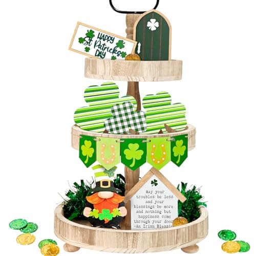 St. Patrick's Day Decorations, 23PCS St. Patrick's Day Tiered Tray Decor, Luck Shamrock Wooden Signs Irish Decor | Happy Saint Patrick’s Centerpiece for Home Table Shelf Party Decorative Signage