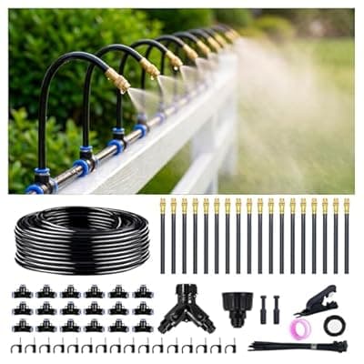 Thiswing 100FT 360° Adjustable Irrigation System for Garden – 1/4" Tubing with 18 Nozzles, Watering Misting System, Sprinkler for Garden, Raised Bed, Lawn, Plants