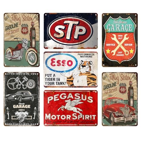 7 Pcs Vintage Metal Tin Garage Signs,Vintage Metal Tin Signs Retro Garage Signs For Men Wall Decorations Old Car Shop Posters Oil And Gas Station Sign Man Cave Decor 8×12 Inch（7pcs） — image 1