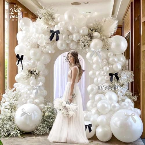 Pearl White Balloon Arch Kit,Double Stuffed White Pearl Balloon Garland Different Sizes 5/12/18 Inch with Black and White Bow for Baby Shower Baptism Wedding Birthday Engagement Party Decoration view 6