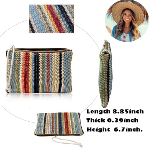 Abuyall straw crossbody clutch Bag Summer Beach Stripe Purse Women Woven Zipper Wristlet Wallets view 3