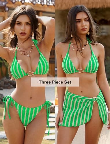 ZAFUL Women's Bikini Sets Three Piece Swimsuit Textured Halter String Tie Side Bathing Suits with Cover Up Skirt view 4