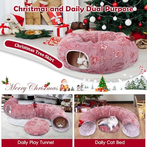 Cat Tunnel Christmas Tree Skirt, Cat Tunnel Bed, Cat Donut Tunnels Bed for Indoor Cats, with Washable Cushion, Hanging Toy Ball, Christmas Tree Protector & Decoration view 3