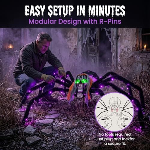 52" Halloween Giant Skull Face Spider, Lighted Outdoor Decoration with Flashing Red & Green Eyes, 70 LED Glowing Spider for Yard, Lawn, Porch, Haunted House Decor (52" Floor-Standing) view 3