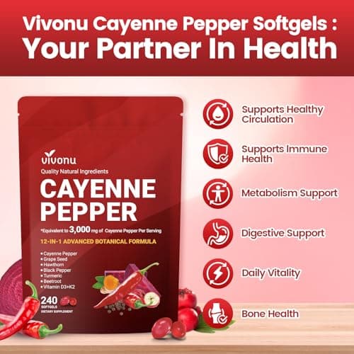 VivoNu Cayenne Pepper Softgels Supplement, Supports Leg Vein, Heart and Blood Vessel Health, with Vitamin E D3+K2 and Extracts of Grape Seed, Hawthorn, Beetroot, Berberine (Softgel / 1 Bag) view 4